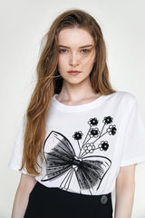 White 3D Flower & Bowknot Decor T-shirt