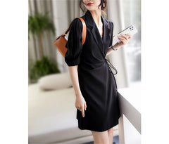 Black Khaki Wrap Front Tie Side Blazer Dress