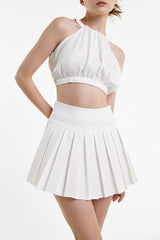 White High Rise Pleated Mini Skirt