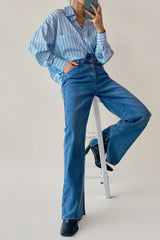 Light Blue Striped Pocket Button-Up Long Sleeve Shirt