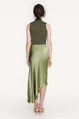 Olive Drab Satin Button Side Asymmetric Midi Skirt