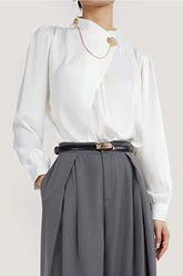 White Mock Neck Ornamental Lantern Sleeve Blouse