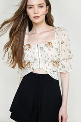 Old Lace Floral Print Bowknot Detail Zip-Up Blouse