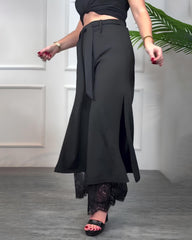 Casual Solid Color Side Slits Lace Trim Drawstring Waist Wide-leg Pants