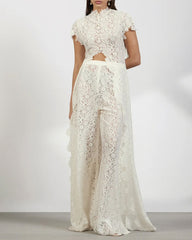 Lace Openwork Front Slit Long Top and Wide-leg Pants Set