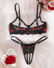 Lace Red Lip Print Cut-out Bra and Open-crotch Thong Lingerie Set