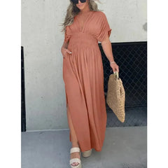Slit V-neck casual long dress