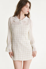 White Mesh Yoke Tweed Mini Dress