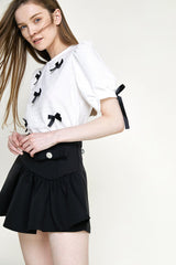 White Textured Bowknot Decor Puff Sleeve Blouse