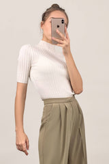 White Mock Neck Short Sleeve Wool-Blend Ribbed Knit Sweater