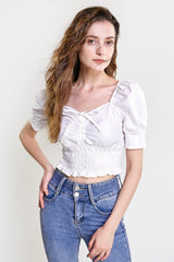 White Ruched Drawstring Smocked Cropped Blouse
