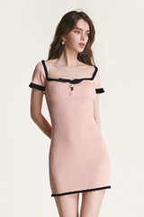 Pink Contrast Trim Bow Detail Rib-Knit Bodycon Mini Dress