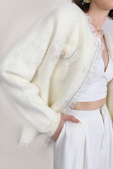 Ivory Faux Fur Ruffled Button-Up Cardigan