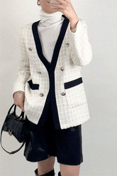 Floral White Contrast Trim Double-Breasted Wool-Blend Tweed Jacket