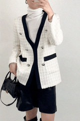Floral White Contrast Trim Double-Breasted Wool-Blend Tweed Jacket