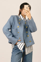 Cornflower Blue Double-Breasted Tweed Jacket With Gold Buttons