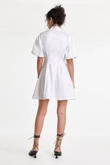 White Fitted Waist Puff Sleeve Shirt Dress