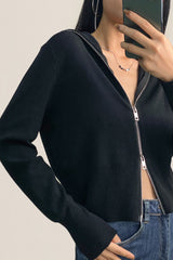 Black Wool-Blend Collared Zip-Up Cardigan