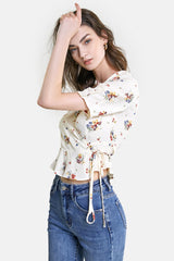 Ivory Floral Print Surplice V-Neck Tie Detail Blouse