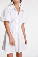 White Fitted Waist Puff Sleeve Shirt Dress