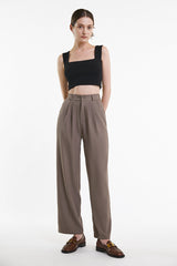 Tan Half Elastic Pleat Detail Wide Leg Suit Pants