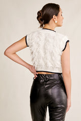 Ivory Frayed Button-Up Contrast Trim Cropped Knit Top