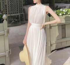 White Sleeveless Pleat Detail Spaghetti Strap Midi Dress