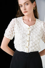 Light Yellow Textured Floral Button Front Blouse