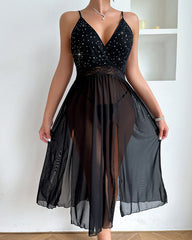 Deep V-neck Backless Rhinestone Long Slit See-through Mesh Nightgown
