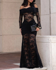 Lace Off-shoulder Fitted Long-sleeved Fishtail Maxi Dress