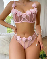 Pink 3D Flower Mesh Splicing See-Through Underwire Lingerie Set
