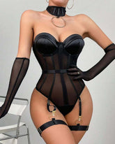 Strapless See-through Mesh Patchwork Bodysuit Lingerie