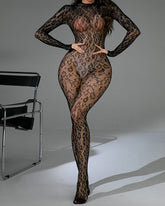 Leopard Backless Lace Fishnet Stretch Tight Long-sleeved Bodysuit