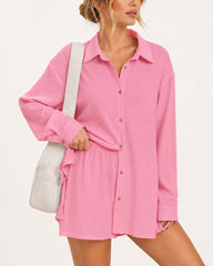 Casual Loose Long Sleeve Shirt and Shorts Set