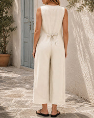 Casual Cotton Linen Deep V Button Sleeveless Wide-leg Jumpsuit