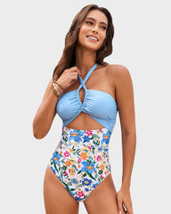 Halter Neck Cut-Out Ruched One Piece Swimsuit