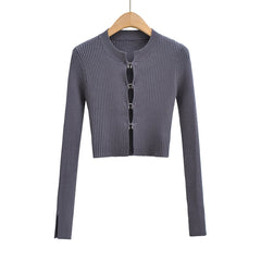 Metal Button Ribbed Fitted Sweater