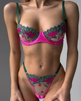 Colorblock Flower Embroidered Underwire Mesh Bra Set