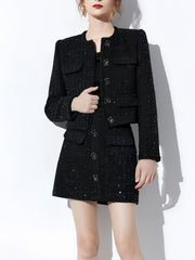 Long Sleeve Single Breasted Jacket Mini Pencil Skirt Wool Blend Tweed 2 Pieces