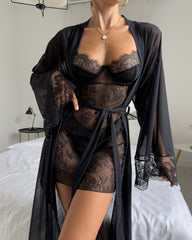 Lace Mesh See-Through Slip Dress and Long Sleeved Robe Set