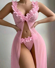 Low-Cut Floral See-Through Mesh Suspender Maxi Dress Set