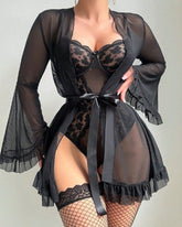Lace Slip Dress Mesh See-through Tie-up Robe Loungewear Set