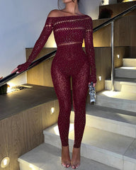Rhinestone Stretch Long-Sleeved Jumpsuit