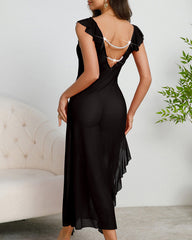 See-through Mesh Backless Pearl-embellished Ruffled Side-slit Long Nightgown