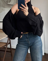 High-neck Backless Buckle Closure Knitted Vest and Long-Sleeved Cardigan Two-piece Set