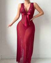 Deep V-neck High Slit Lace See-through Long Nightgown