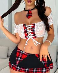 Lace Plaid Patchwork Colorblock Role-playing Lingerie Set