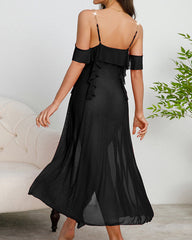 Ruffled Sheer Mesh Metal Chain Straps Long Slip Dress Nightgown