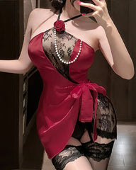Halter Neck Lace See-through Mesh Patchwork Lingerie Nightgown Set