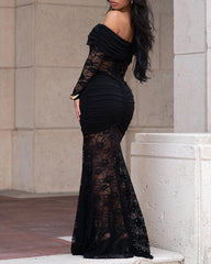 Lace Off-shoulder Fitted Long-sleeved Fishtail Maxi Dress